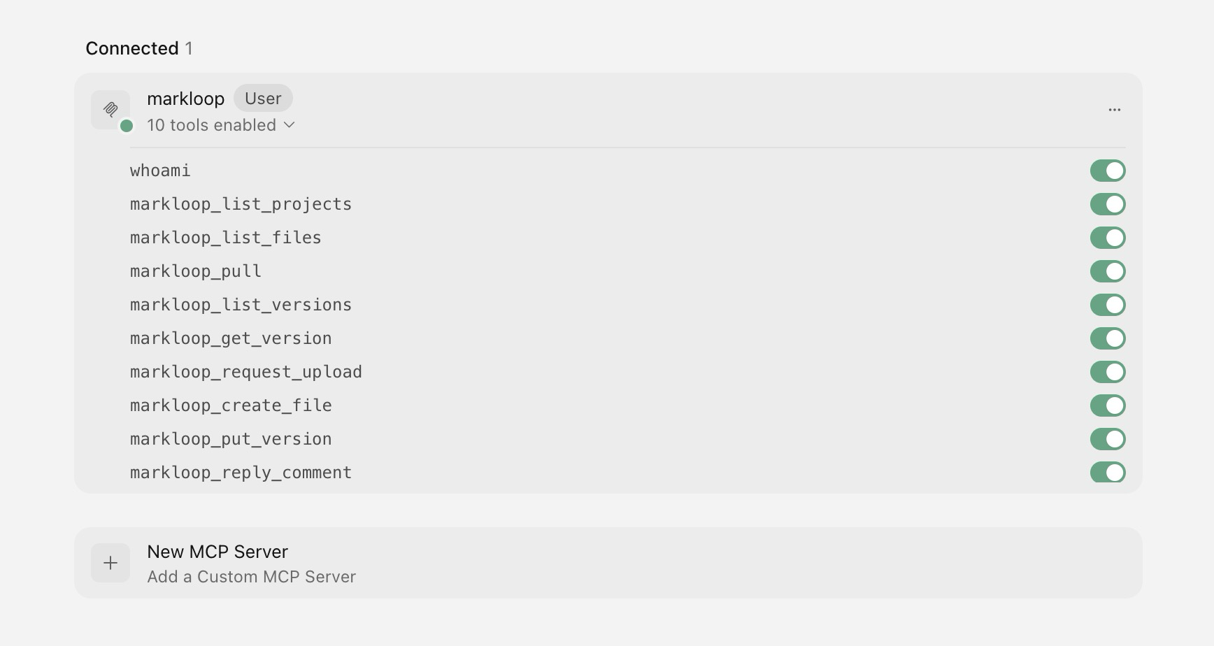 Cursor MCP settings with Markloop connected, 10 tools enabled