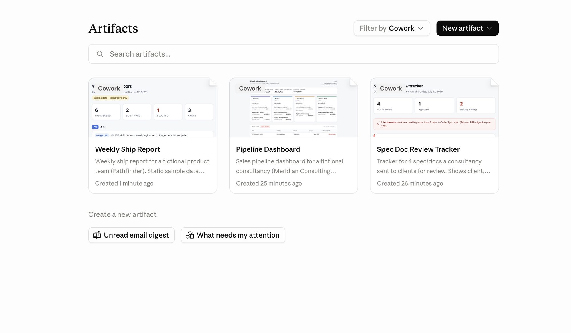 The Artifacts view in the Claude app filtered by Cowork, showing saved live artifacts with Cowork labels