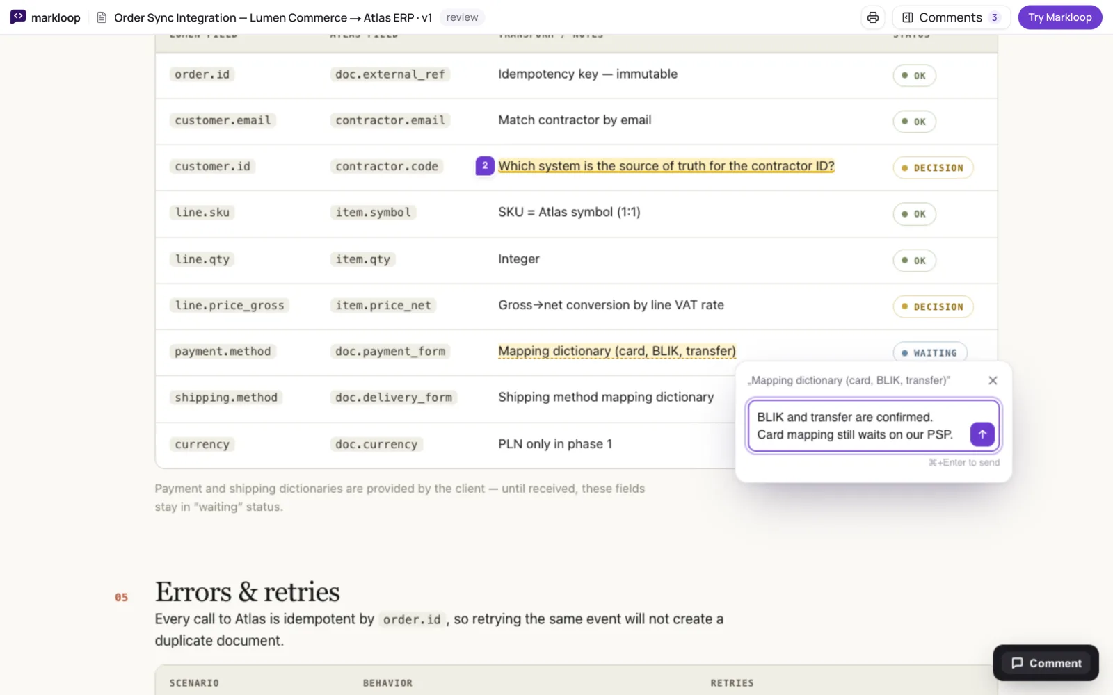 A reviewer on a public link selects text in a table and writes a comment.