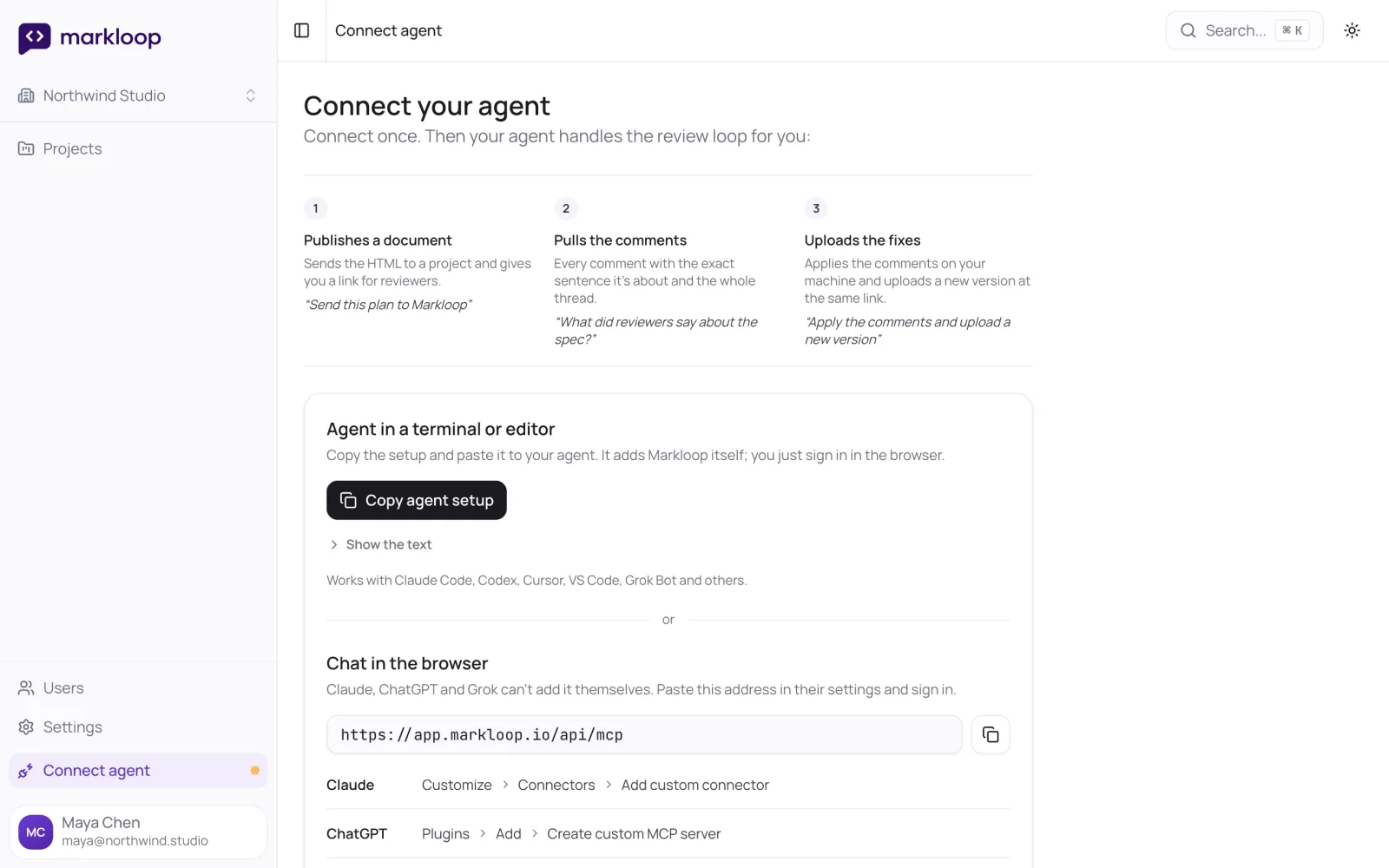 The Connect your agent page: Copy agent setup for agents, and the server address with menu paths for Claude and ChatGPT.