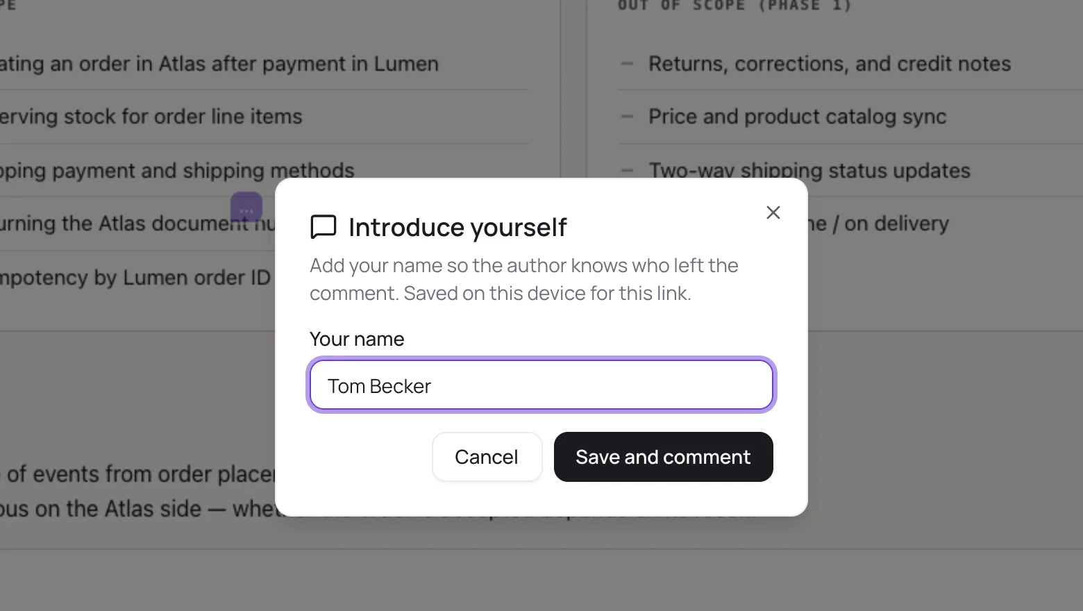 The Introduce yourself dialog on a public link: the reviewer types their name, then clicks Save and comment.