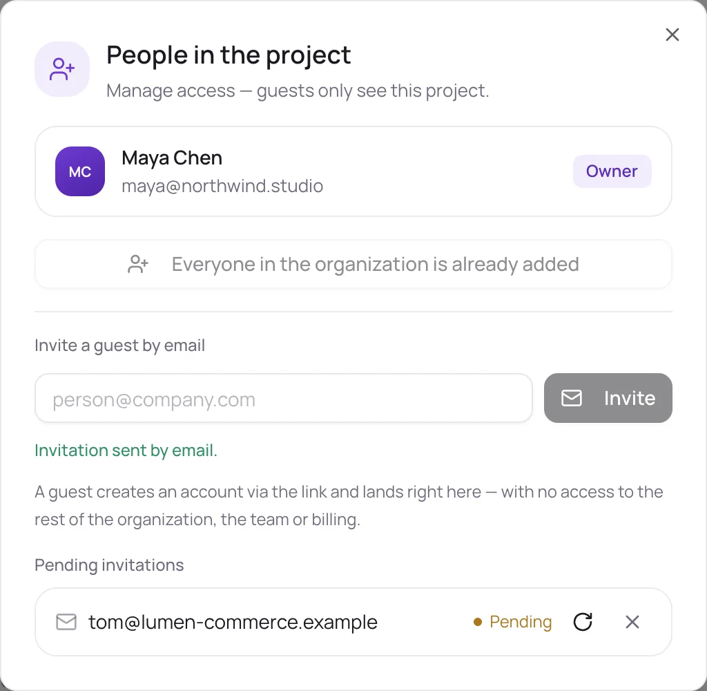 The People dialog: the project owner and a pending guest invitation.