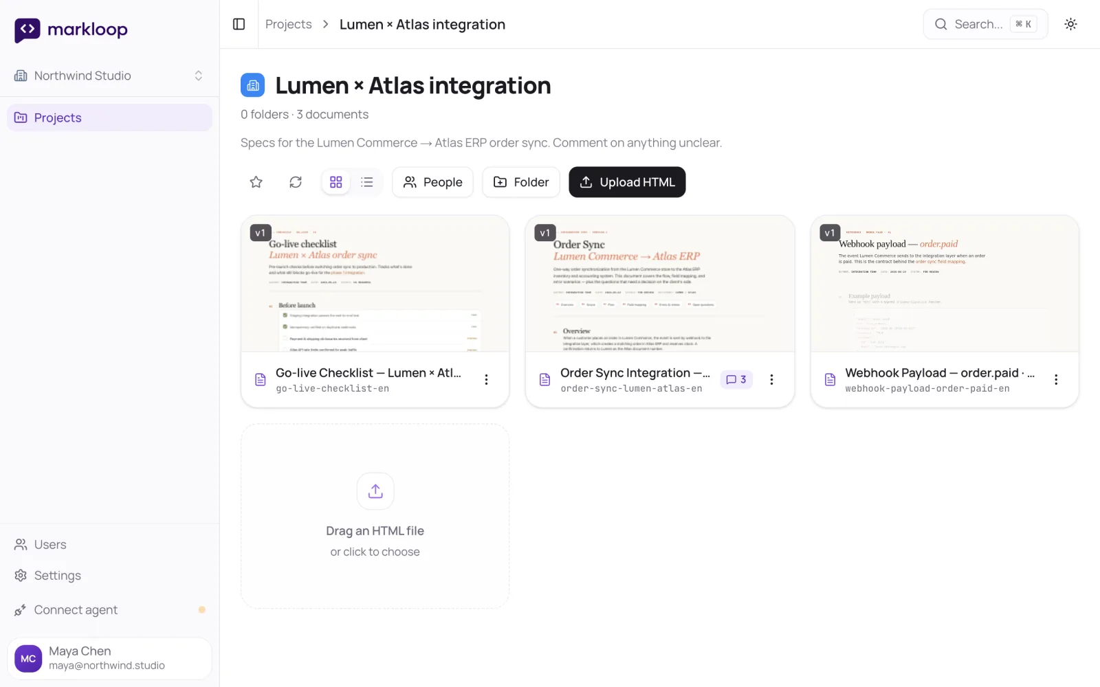 A project with three documents, the Upload HTML button and the drop area.