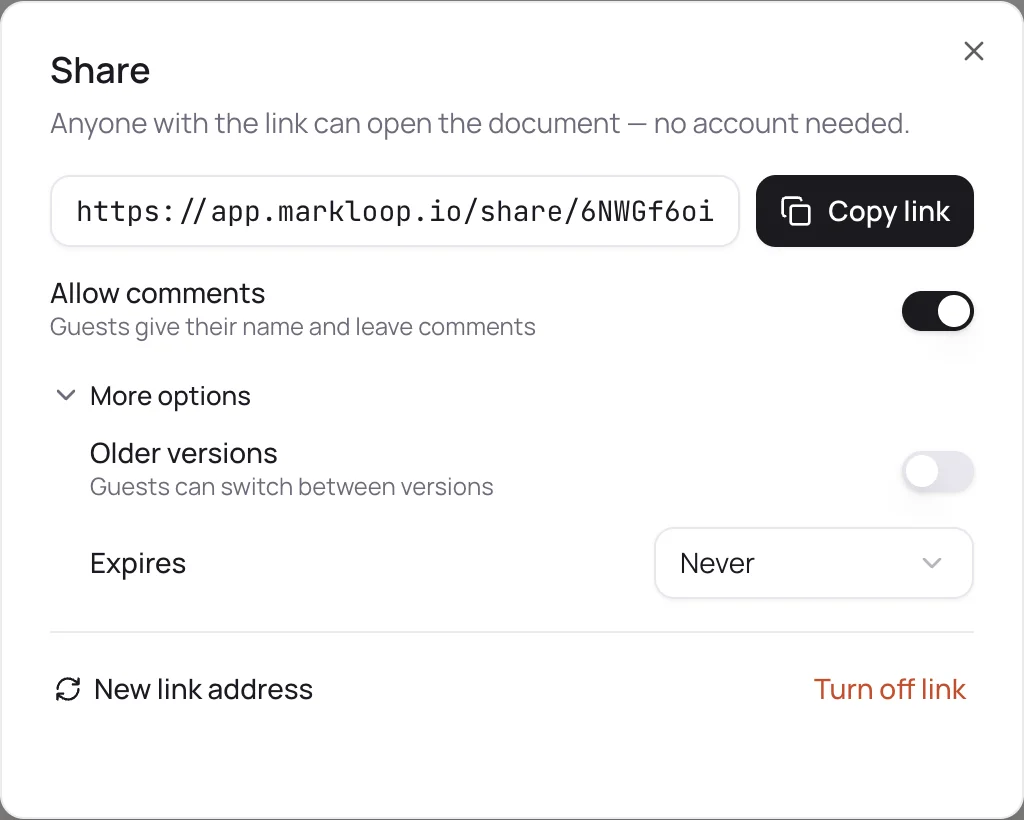 The Share dialog with the link, the Allow comments switch, and More options open.