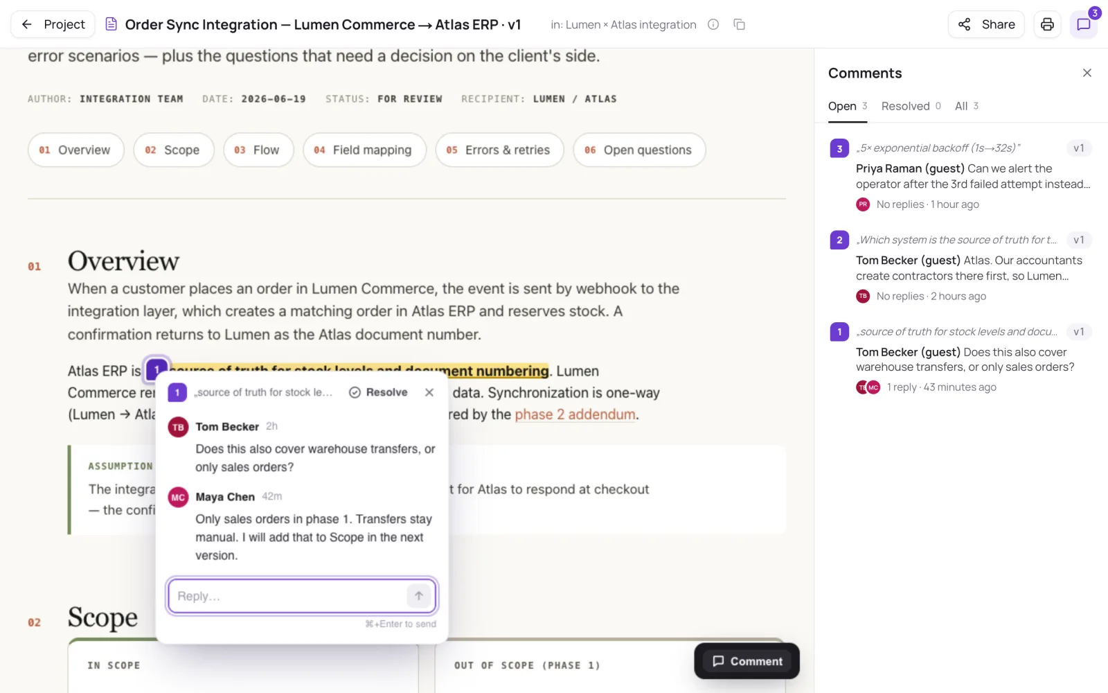 A document in the Markloop viewer. Comment 1 is open on a highlighted quote, and the Comments panel lists the open threads.